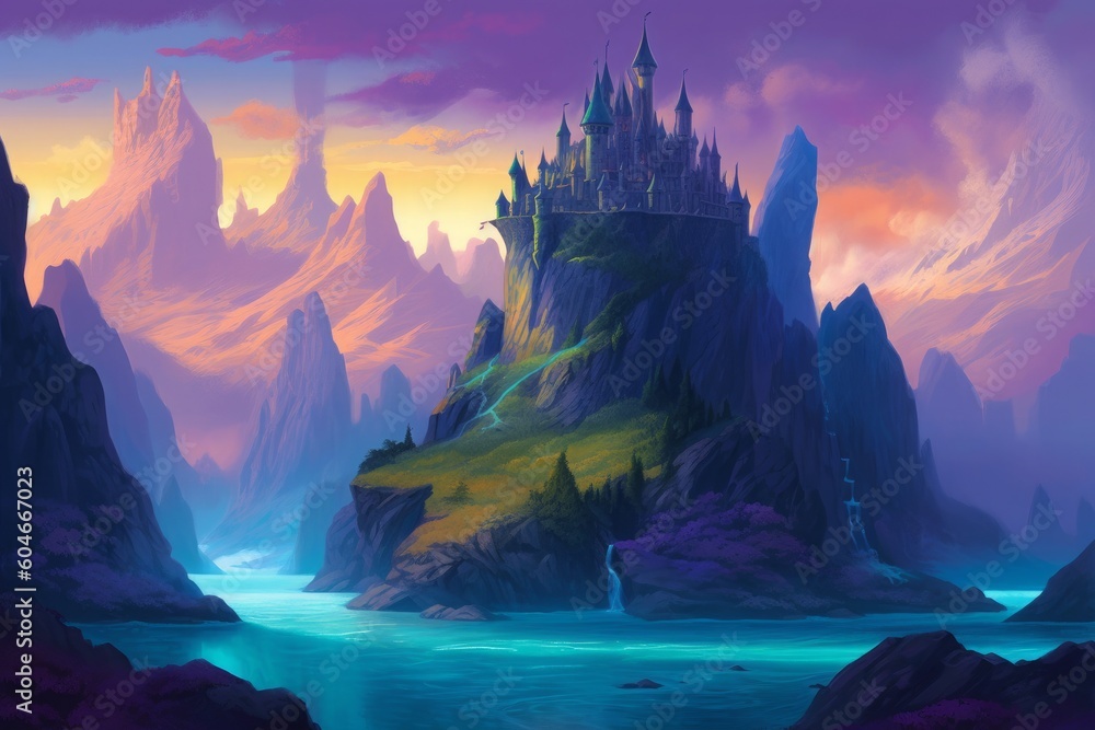 A fantasy rocky landscape with one of these castles, in the style of saturated color fields. Generative AI.