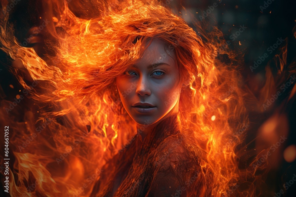 A girl in fire with red hair, in the style of photorealistic details. Generative AI.