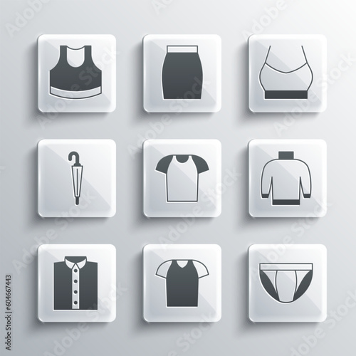 Set T-shirt, Men underpants, Sweater, Shirt, Umbrella, Female crop top and icon. Vector