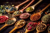 various types of tea are on wooden spoons along with different types of dried herbs, ai generative