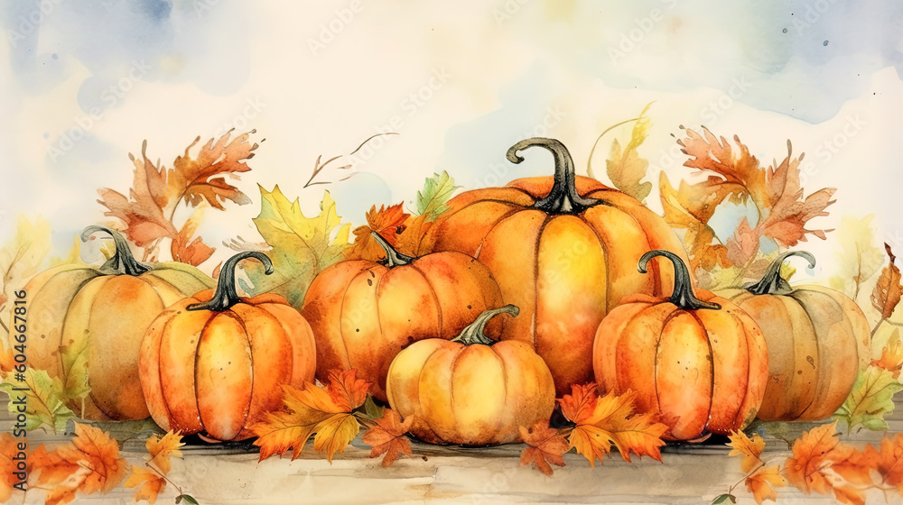 Pumpkin abstract background with leaves. Orange autumn thanksgiving and halloween illustration. Generative AI. Pumpkin abstract background with leaves. Orange autumn thanksgiving and halloween illustration. Generative AI.