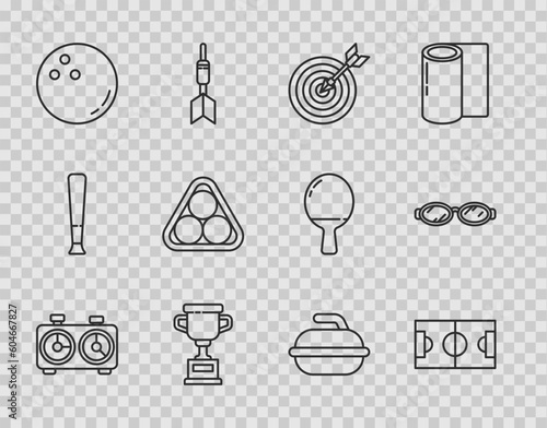 Set line Time chess clock, Football or soccer field, Target with arrow, Award cup, Bowling, Billiard balls rack triangle, Stone for curling sport game and Glasses swimming icon. Vector