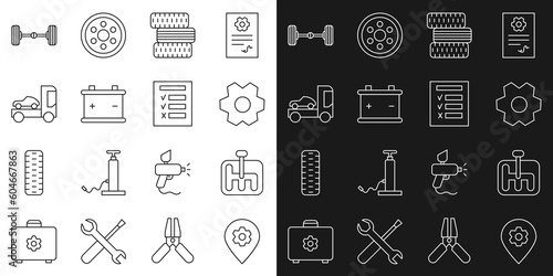 Set line Location with car service, Gear shifter, Car tire wheel, battery, transporter truck, Chassis and inspection icon. Vector