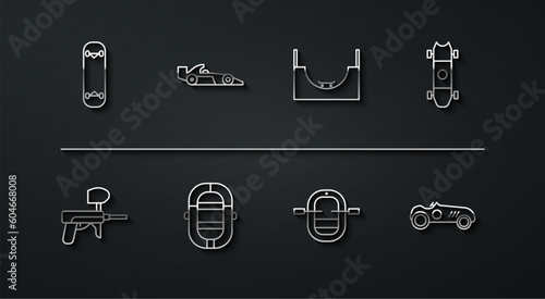 Set line Skateboard trick, Paintball gun, Longboard or skateboard, Rafting boat, Formula 1 racing car, Vintage sport and park icon. Vector