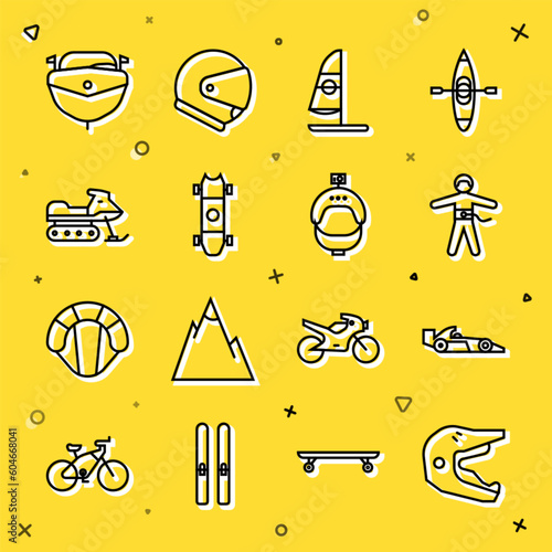 Set line Motocross motorcycle helmet, Formula 1 racing car, Bungee jumping, Windsurfing, Longboard skateboard, Snowmobile, Speedboat and Helmet and action camera icon. Vector