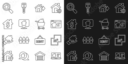 Set line Online real estate house, House plan, Sale, Location with, dollar symbol, Search and Shopping cart icon. Vector