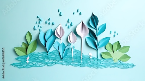Saving water and world environment day, ecology and world water day, environmental protection and save earth water, paper art, generative ai