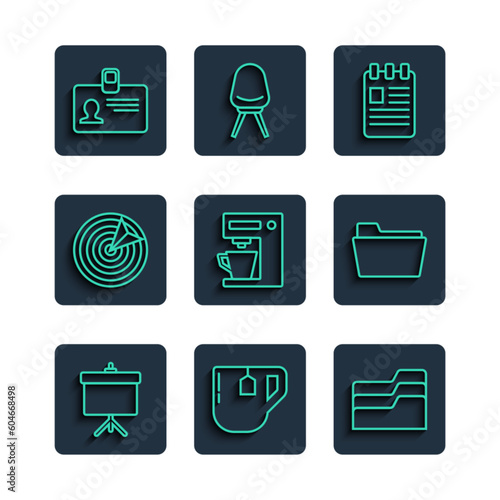 Set line Chalkboard with diagram, Cup of tea tea bag, Document folder, Spiral notebook, Coffee machine, Target sport, Identification badge and icon. Vector