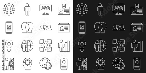 Set line Mobile with resume  Productive human  Resume  Speech bubble job  Project team base  Smartphone  Human gear and icon. Vector