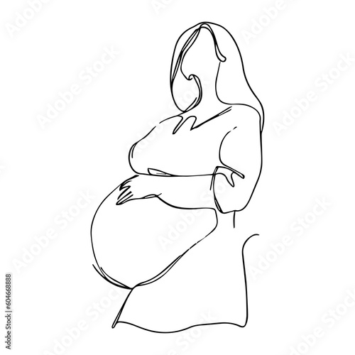 Vector illustration. One line art. Pregnant woman. Young mom.