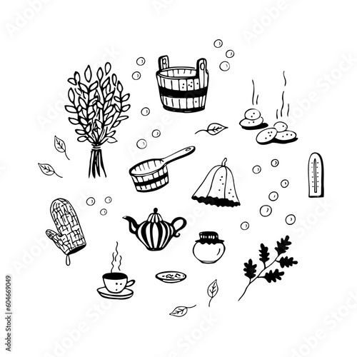 Sauna set. Bath handicrafts. Graphic sketch set isolated. Sink, ladle, tea, mittens, broom, stones, hat, soap bubbles. Linear doodle graphic design. Black and white image. art illustration.