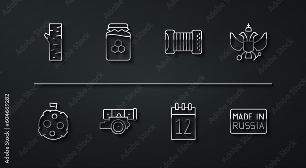 Set line Birch tree, Moon with flag, National emblem of Russia, Calendar 12 june, Cannon, Jar honey, Made in and Accordion icon. Vector Set line Birch tree, Moon with flag, National emblem of Russia, Calendar 12 june, Cannon, Jar honey, Made in and Accordion icon. Vector