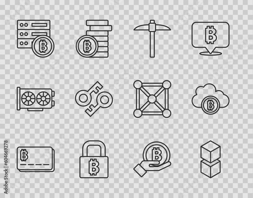 Set line Credit card with bitcoin, Blockchain technology, Pickaxe, Lock, Server, Cryptocurrency key, Hand holding Bitcoin and cloud mining icon. Vector