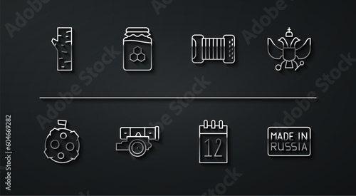 Set line Birch tree, Moon with flag, National emblem of Russia, Calendar 12 june, Cannon, Jar honey, Made in and Accordion icon. Vector