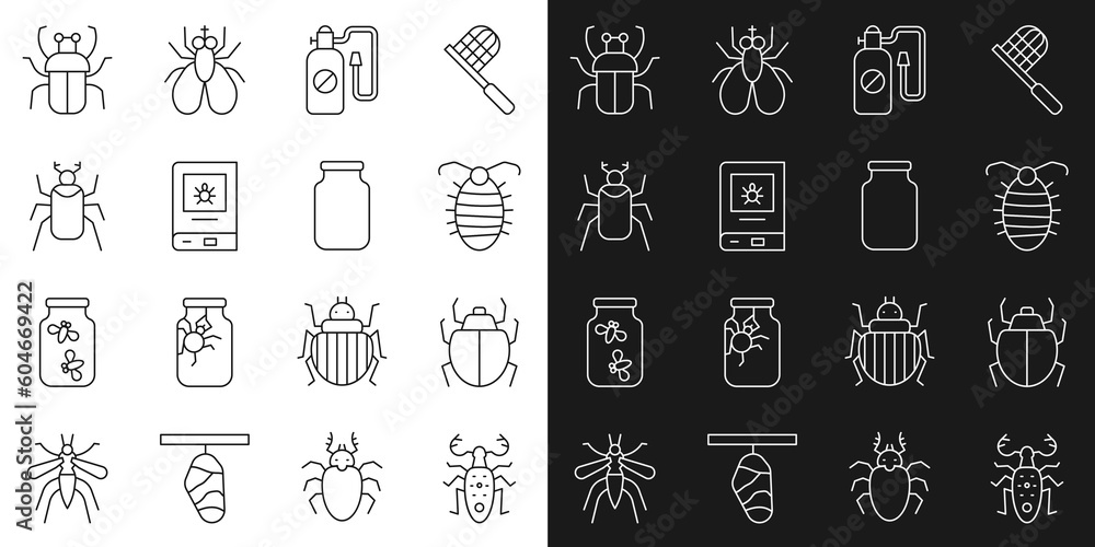 Set line Beetle deer, Mite, Larva insect, Pressure sprayer, Book about, bug, Stink and Glass jar icon. Vector Set line Beetle deer, Mite, Larva insect, Pressure sprayer, Book about, bug, Stink and Glass jar icon. Vector