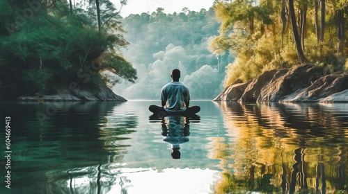 A person fully immersed in nature, sitting by a peaceful river. Practice of mindfulness, focusing on the present moment. Unplug from distractions. Slow living concept. Generative AI. © Kai Alves
