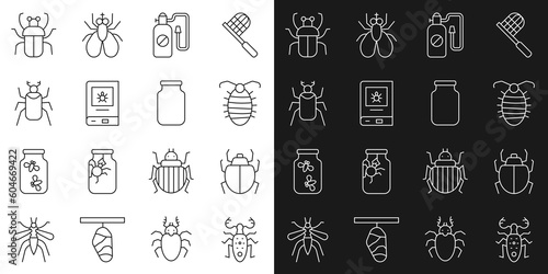 Set line Beetle deer, Mite, Larva insect, Pressure sprayer, Book about, bug, Stink and Glass jar icon. Vector
