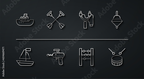 Set line Toy boat, Whirligig toy, Abacus, Ray gun, Arrow with sucker tip, Drum drum sticks and Slingshot icon. Vector
