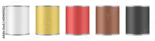 Set of tin cans, round steel containers for soup, milk, beans or meat. White, gold, red, brown and black labels. Glossy paint can