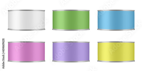 Set of tin cans for pet food, meat or fish preserves. White, green, blue, pink, purple and yellow labels. Cat or dog food mockup