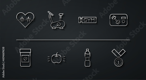 Set line Heart rate, Anabolic drugs, Fitness club, gym card, Bottle of water, Apple, Stationary bicycle, Medal and Location icon. Vector