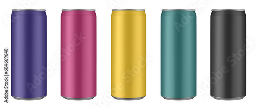 Set of purple, red, gold, green and black tin cans of energy drink, juice or soda. Cocktail of fitness drink. Cold beverages