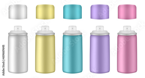 Aluminium tube for hairspray, air freshener container, thermal water spray bottle. White, yellow, purple, green and pink bottles. Realistic cosmetic mockup of aerosol deodorant or dry shampoo