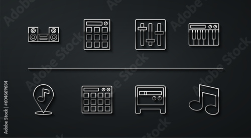 Set line Home stereo, Location musical note, Music synthesizer, Guitar amplifier, Drum machine, tone and Sound mixer controller icon. Vector