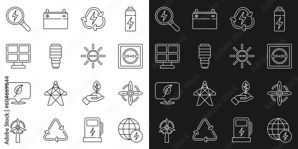 Set line Global energy power planet, Wind turbine, Electrical outlet, Battery with recycle, LED light bulb, Solar panel, Lightning bolt and icon. Vector