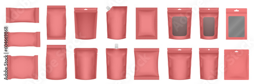 Set of realistic pouch mockups. Red flow pack, sachet, zip bag and doypack. Ice cream wrapper. Sheet mask sachet. Soap or wet wipes packaging.