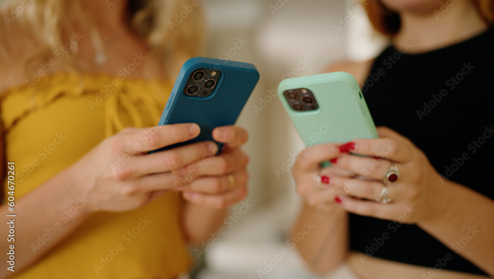 Two women using smartphone standing at home Two women using smartphone standing at home