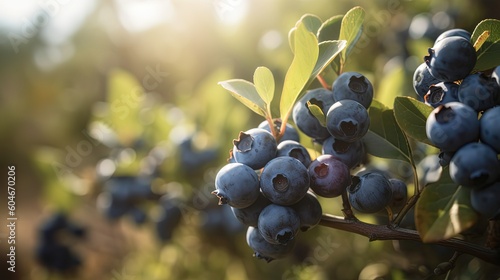 beautiful ripe blueberry on tree with light glow from behind Generative Ai