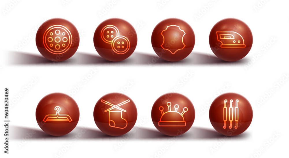 Set line Sewing button, Hanger wardrobe, Electric iron, Needle bed and needles, Knitting, Crochet hook and Leather icon. Vector Set line Sewing button, Hanger wardrobe, Electric iron, Needle bed and needles, Knitting, Crochet hook and Leather icon. Vector