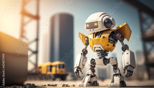 Innovative humanoid construction robot wearing helmet and yellow vest, with building site background subtly blurred for a stirring vision of future engineering projects. Generative AI
