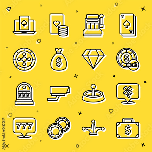 Set line Briefcase and money, Casino slot machine with clover, chips, Slot, Money bag, roulette wheel, Online poker table game and Diamond icon. Vector