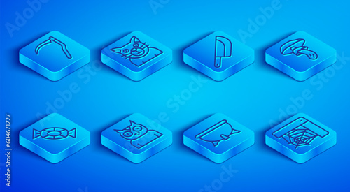 Set line Scythe, Cat, Knife, Owl bird, Halloween witch cauldron, Psilocybin mushroom, Candy and Spider web icon. Vector
