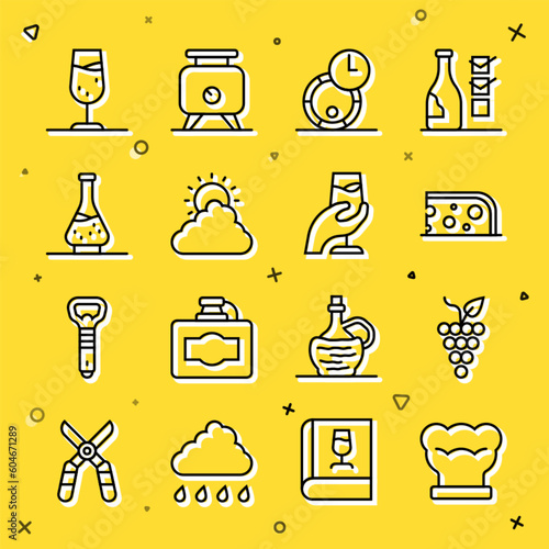 Set line Chef hat, Bunch of grapes, Cheese, Wooden barrel for wine, Sun and cloud weather, Decanter, Wine glass and tasting, degustation icon. Vector