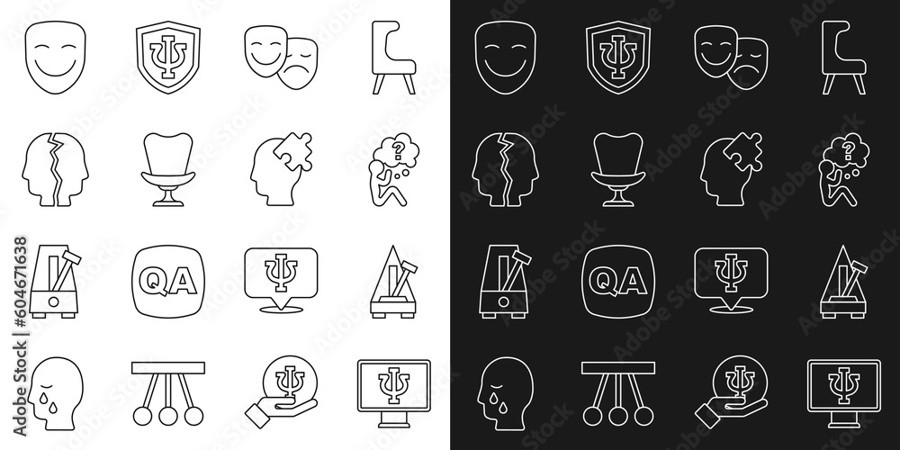Set line Psychologist online, Metronome with pendulum, Head question mark, Comedy and tragedy masks, Armchair, Bipolar disorder, theatrical and Solution to problem icon. Vector