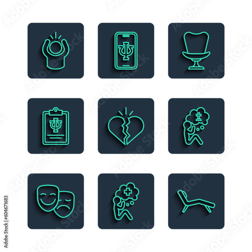 Set line Comedy and tragedy masks, Helping hand, Armchair, Broken heart or divorce, Psychology, Psi, Anger and Man graves funeral sorrow icon. Vector
