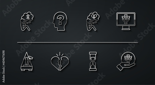 Set line Man graves funeral sorrow, Metronome with pendulum, Psychologist online, Old hourglass, Broken heart divorce, Head question mark, Psychology, Psi and icon. Vector