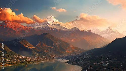 Panorama of hills and Himalaya mountains at golden hour with sunset. Generative ai