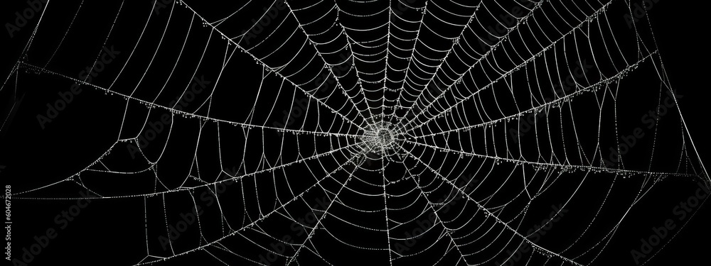 Fototapeta premium Real creepy spider webs silhouette isolated on black banner panorama - Halloween background template (Generative Ai)