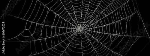 Real creepy spider webs silhouette isolated on black banner panorama - Halloween background template (Generative Ai)