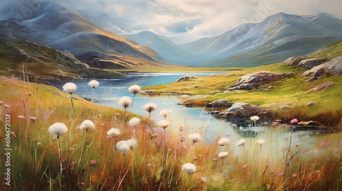 Norwegian landscape in summer with sun, mountains and cotton grass. Generative ai photo