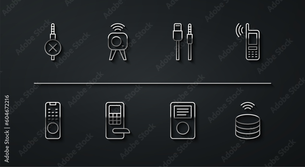 Set line No audio jack, Remote control, Mobile with wi-fi wireless, Music player, Digital door lock, Web camera, Smart data server and USB cable cord icon. Vector Set line No audio jack, Remote control, Mobile with wi-fi wireless, Music player, Digital door lock, Web camera, Smart data server and USB cable cord icon. Vector