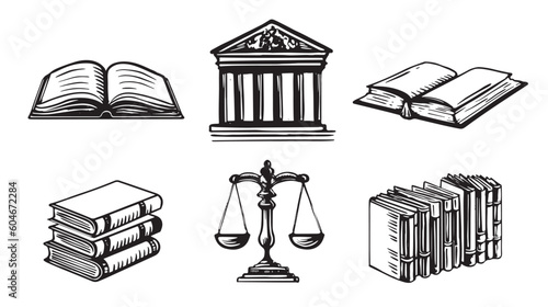 Law symbols set. Scales vector hand drawn.	
