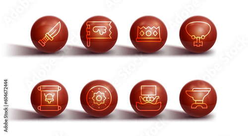 Set line Dagger, Decree, parchment, scroll, Necklace with gem, Viking ship Drakkar, Shield viking, flag, Anvil for blacksmithing and King crown icon. Vector