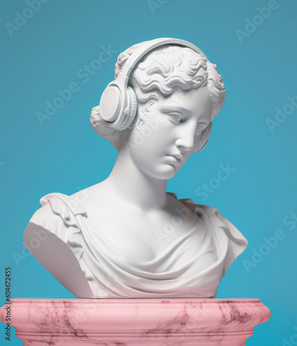Antique bust of a woman with headphones. AI generated image.