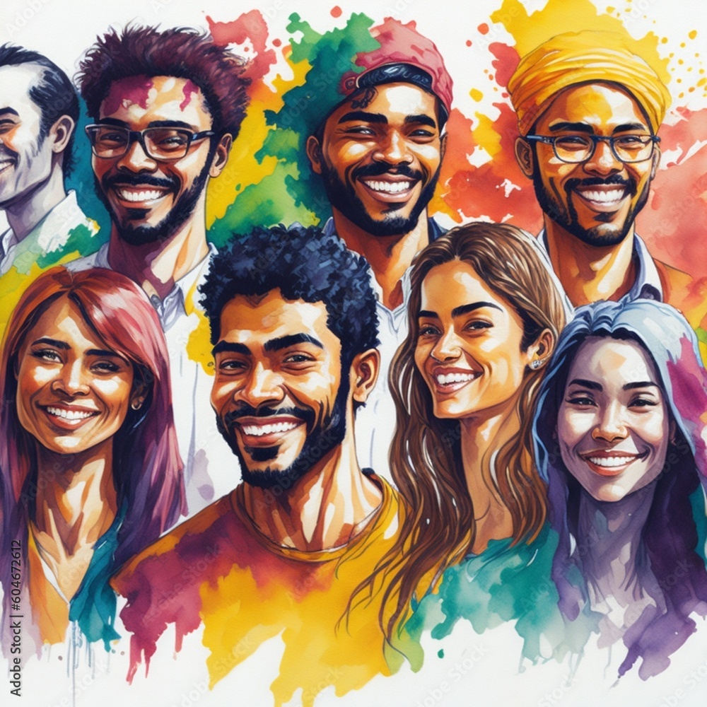 Fototapeta premium Watercolor illustration with young people of various ethnicities celebrating youth day #19. Generated ai