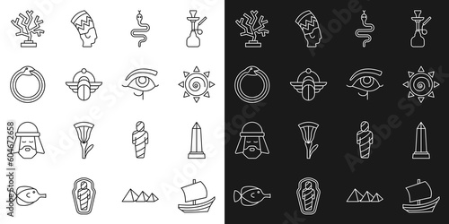 Set line Egyptian ship, Obelisk of Alexandria, Sun, Snake, Scarab, Magic symbol Ouroboros, Coral and Eye Horus icon. Vector